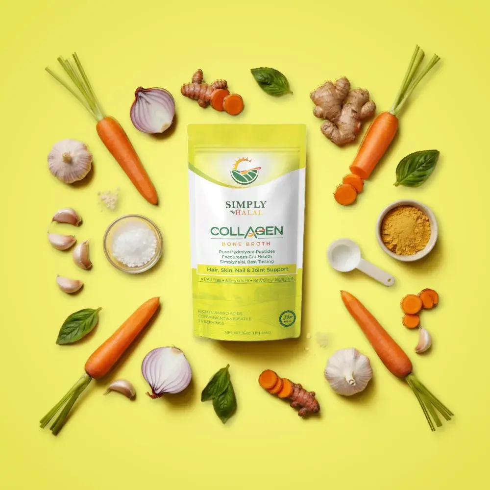 Simply Halal collagen bone broth powder with carrots garlic and herbs