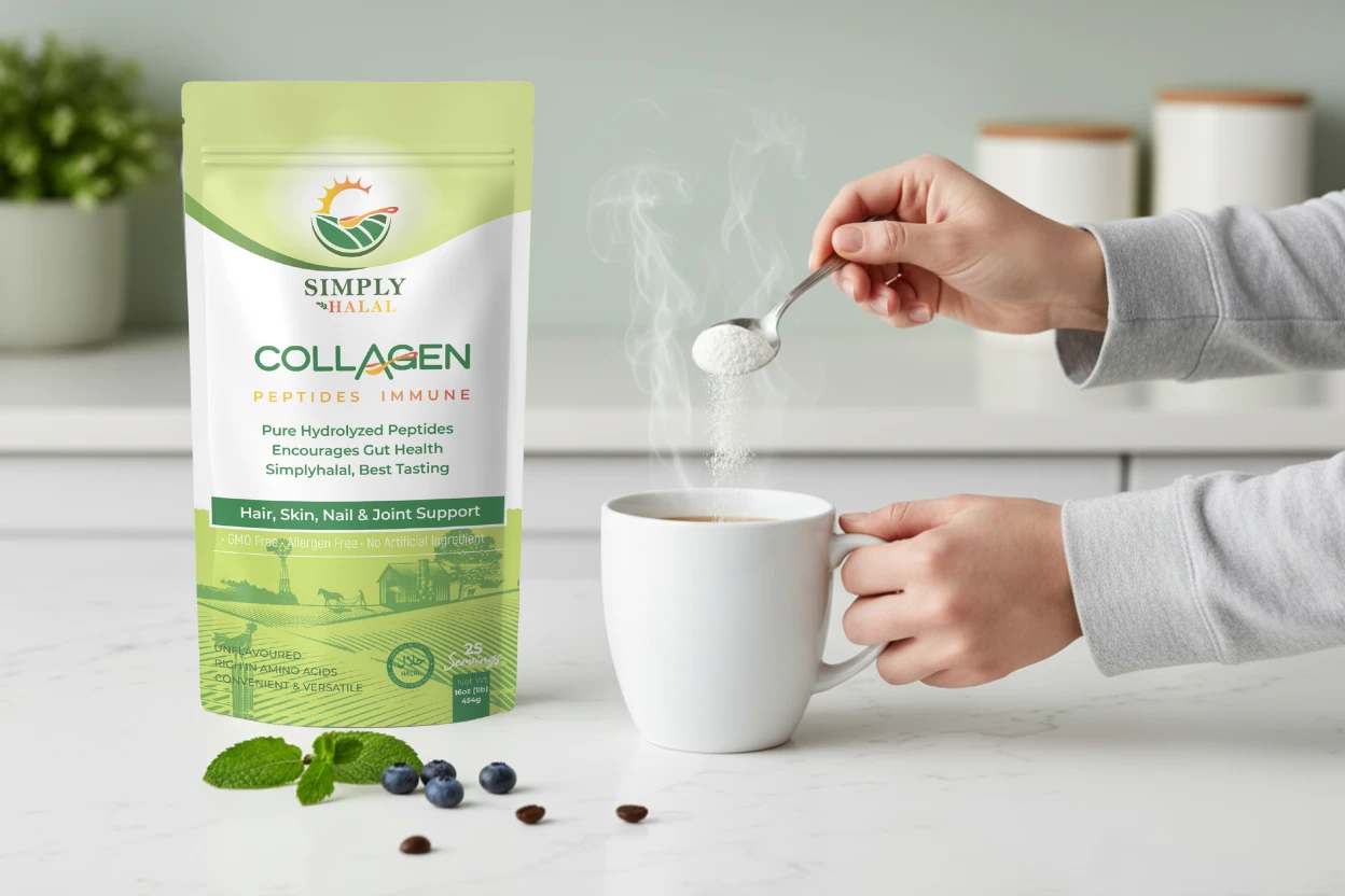 Simply Halal best halal collagen powder being added to morning coffee — ISA certified bovine peptides
