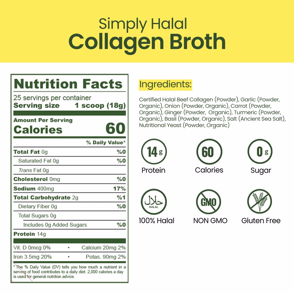 Simply Halal halal collagen broth nutrition facts panel showing 60 calories and 14g protein per serving