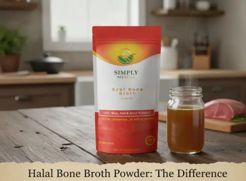 Side by side comparison of halal bone broth powder and liquid showing the difference between the two forms