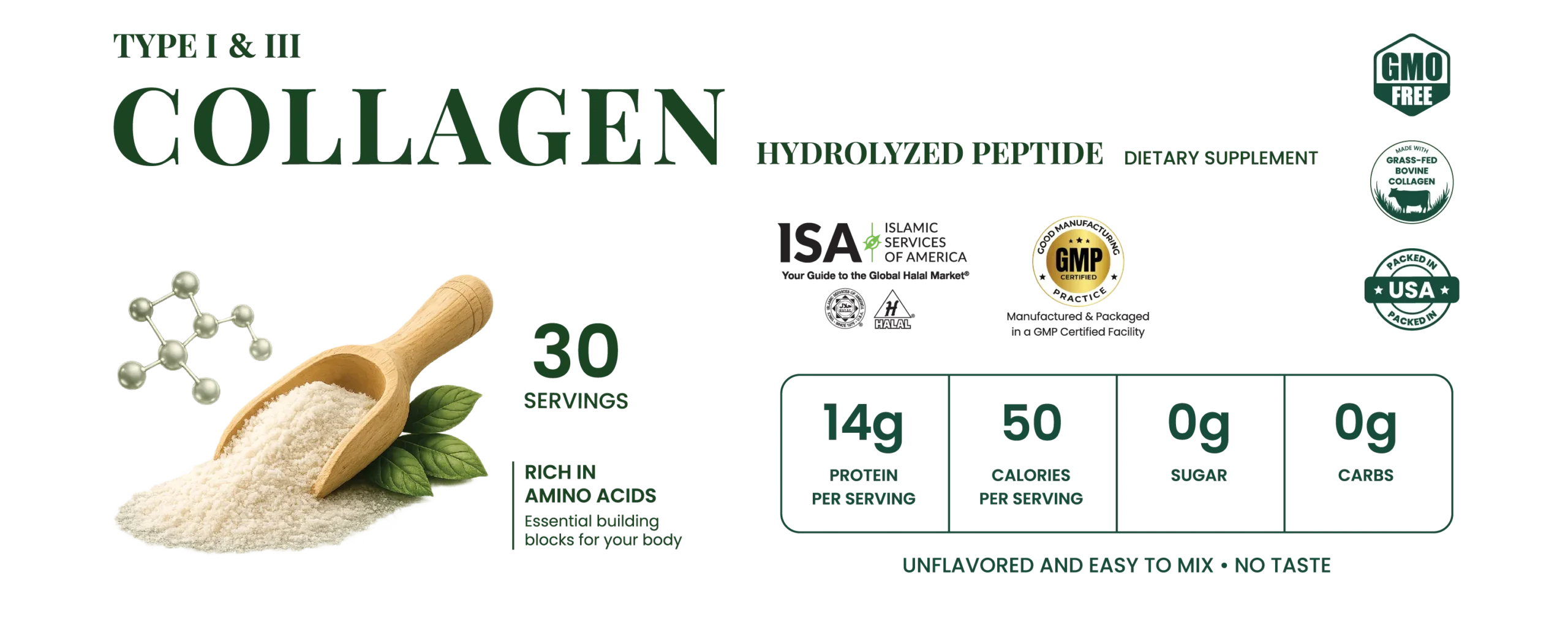 Simply Halal Collagen Peptides for gut health and bloating relief, featuring a 100% Halal certified seal, Dr. Youssef Dakka recommendation, and an amino acid profile table.