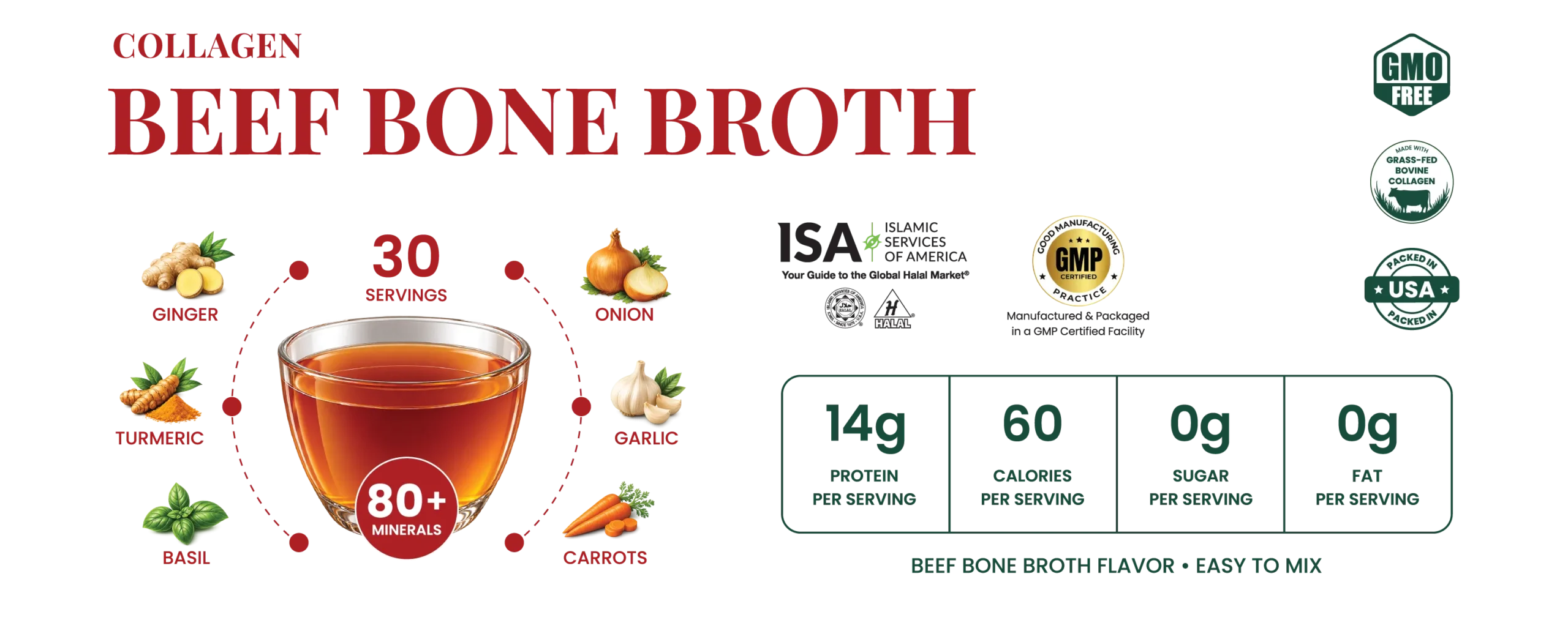 Simply Halal Beef Bone Broth for joint and back pain relief, showing a comparison chart of naturally present vitamins and minerals like Calcium, Magnesium, and B-vitamins.