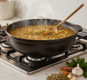 A cast iron pot of Halal Bone Broth Lentil Soup simmering on a gas stovetop, with steam rising. Nearby, raw ingredients like green lentils, fresh garlic cloves, and turmeric root are arranged on the counter.