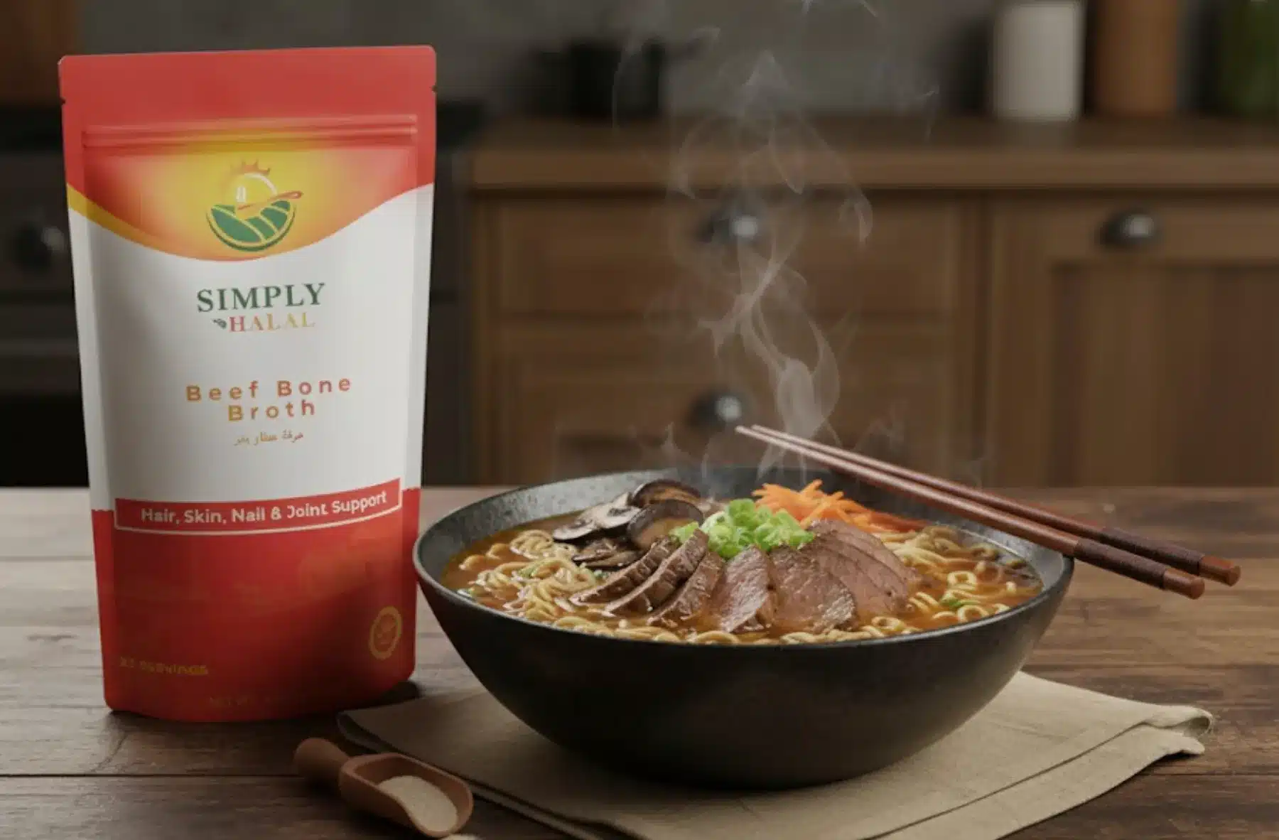 A steaming bowl of Halal Beef Bone Broth Ramen, garnished with sliced beef, mushrooms, and green onions, sits beside a prominent Simply Halal Beef Bone Broth powder bag on a rustic wooden table in a kitchen setting. Chopsticks rest on the bowl, illustrating a ready-to-eat collagen-rich meal