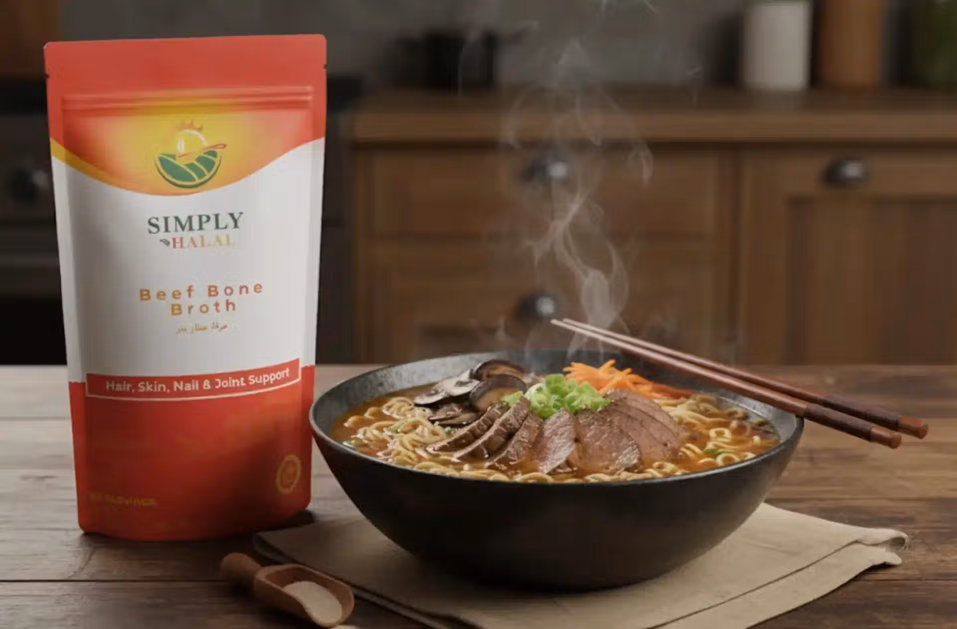 A steaming bowl of Halal Beef Bone Broth Ramen, garnished with sliced beef, mushrooms, and green onions, sits beside a prominent Simply Halal Beef Bone Broth powder bag on a rustic wooden table in a kitchen setting. Chopsticks rest on the bowl, illustrating a ready-to-eat collagen-rich meal