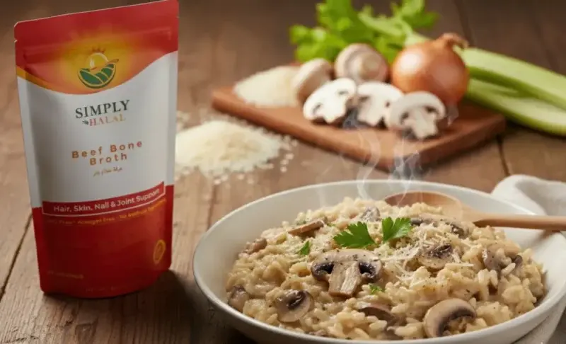 A steaming bowl of creamy beef bone broth mushroom risotto, garnished with grated parmesan and parsley, sits on a rustic wooden table next to a package of Simply Halal Beef Bone Broth. In the background, fresh ingredients like mushrooms, onion, celery, and rice are artfully arranged on a cutting board