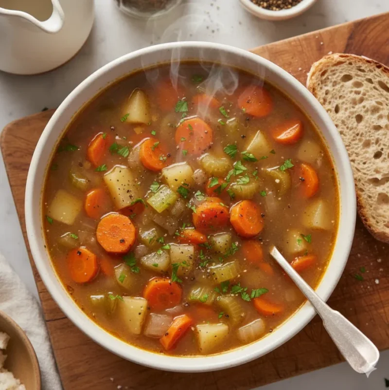A top-down shot showcases a hearty bowl of vegetable soup us Chef Crafted Simply halal Bone Broth steaming gently, on a wooden cutting board. The soup is rich brown, with chunks of carrots, potatoes, and celery visible, garnished with fresh parsley and a sprinkle of black pepper. A metal spoon rests in the bowl, and a slice of crusty bread sits on the board next to it. In the background, out of focus, are small bowls of spices and a creamer.