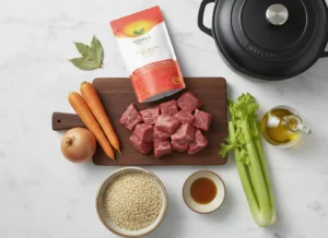 Simply Halal Beef Bone Broth product bag prominently displayed with fresh ingredients like cubed halal beef, barley, carrots, and celery for a stew, arranged on a marble background with a Dutch oven.