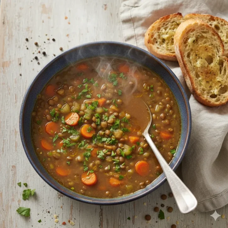 A top-down view of a steaming bowl of Simply Halal Bone Broth Lentil Soup, garnished with fresh parsley, alongside slices of crusty bread.