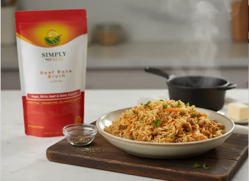 A steaming bowl of Halal Beef Bone Broth Rice Pilaf garnished with parsley, next to a Simply Halal Beef Bone Broth product bag, a small dish of black pepper, a pat of butter, and a cast iron pan on a wooden cutting board and marble counter.