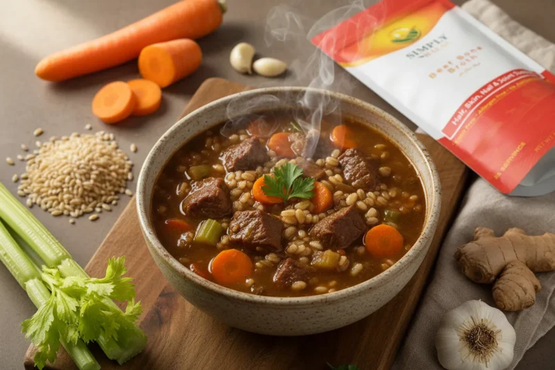 Halal Beef and Barley Stew in a bowl with carrots, celery, and a packet of Simply Halal Beef Bone Broth in the background.
