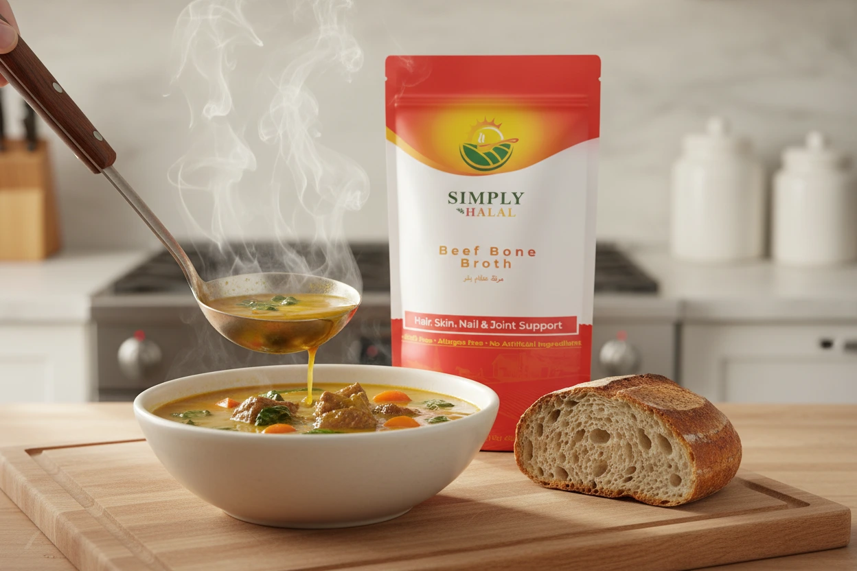 Beef bone broth made from slow-simmered halal beef bones