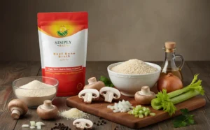 An overhead shot displaying all the raw ingredients for Creamy Beef Broth Mushroom Risotto, including a package of Simply Halal Beef Bone Broth, Arborio rice, sliced and whole mushrooms, chopped onion and celery, olive oil, parmesan cheese, and black pepper, all arranged on a wooden surface