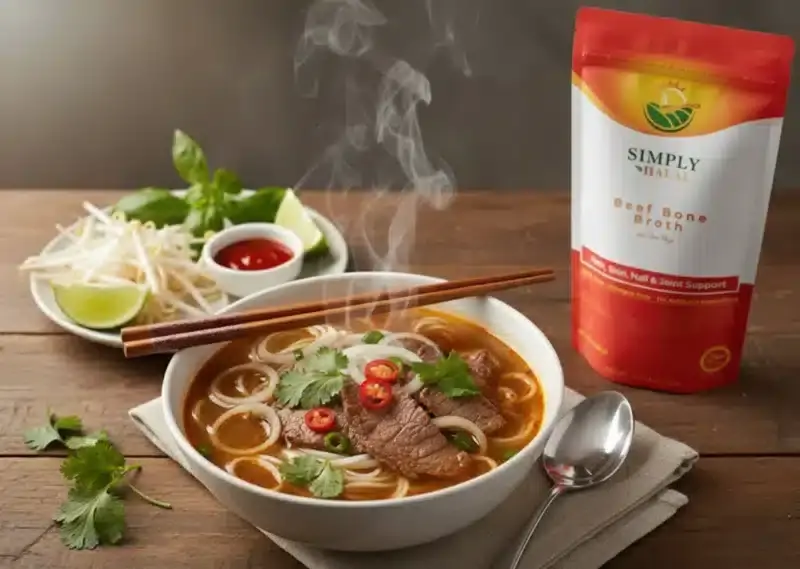 A steaming bowl of Halal Beef Pho on a wooden table, garnished with fresh cilantro, sliced red chili, and raw beef slices. Accompanying the bowl are side dishes of bean sprouts, basil leaves, lime wedges, and a small dish of Sriracha. In the background, a red and white pouch of "Simply Halal Beef Bone Broth" stands prominently.