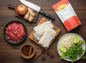 A top-down flat lay of Halal Beef Pho ingredients on a dark wooden surface. Key items include a packet of "Simply Halal Beef Bone Broth," thinly sliced raw halal beef, dry rice noodles, an onion, fresh ginger, star anise, cinnamon sticks, and garnishes of bean sprouts, cilantro, and lime wedges. A chef's knife and cutting boards are also visible.