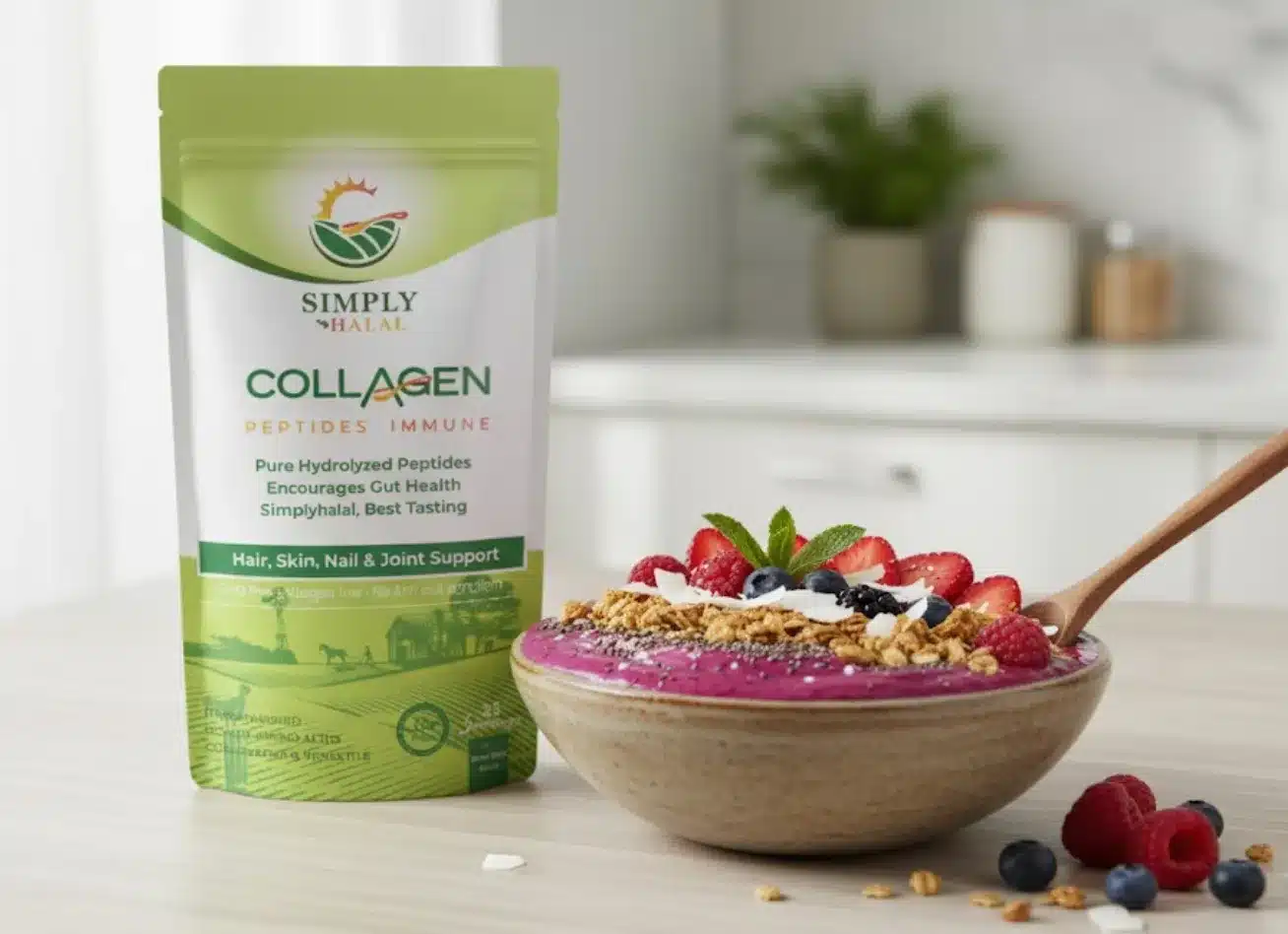 A vibrant, thick High Protein Berry Smoothie Bowl topped with fresh blueberries, raspberries, granola, and coconut flakes, with a spoon ready for eating. The Simply Halal Unflavored Collagen bag stands in the background, showcasing the key protein-boosting ingredient.