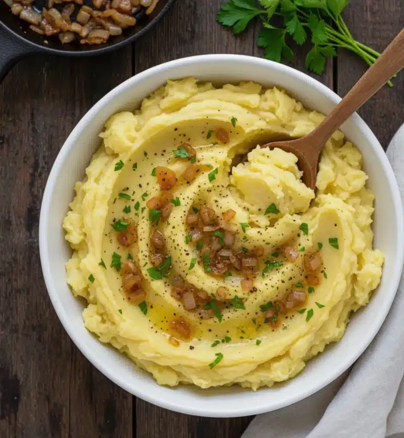 A top-down view of creamy Beef Broth Mashed Potatoes seasoned with black pepper and fresh chopped parsley, served in a rustic white bowl. The texture is smooth, reflecting the rich savory flavor achieved by using the Simply Halal beef bone broth base.