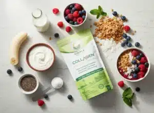 A flat lay of all ingredients for a High Protein Berry Smoothie Bowl on a white marble background. The Simply Halal Unflavored Collagen bag is centered, surrounded by frozen berries, a banana, Greek yogurt, almond milk, and toppings like granola and chia seeds, arranged for preparation.