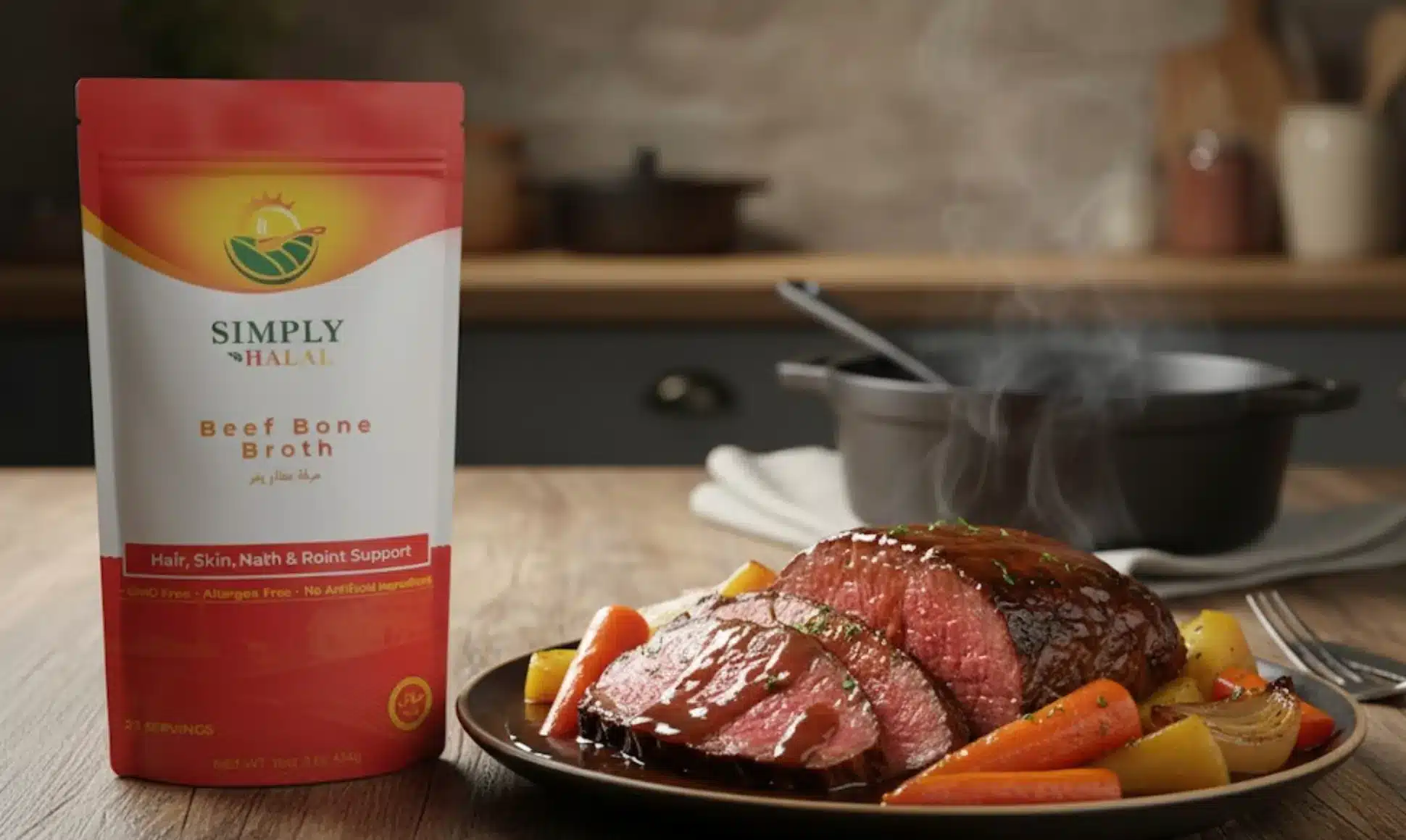 Slices of tender braised Halal beef brisket covered in rich sauce, accompanied by roasted carrots, parsnips, and onions, served on a dark plate. The Simply Halal Beef Bone Broth powder bag stands prominently next to the dish, highlighting its use in this comforting and nourishing meal.