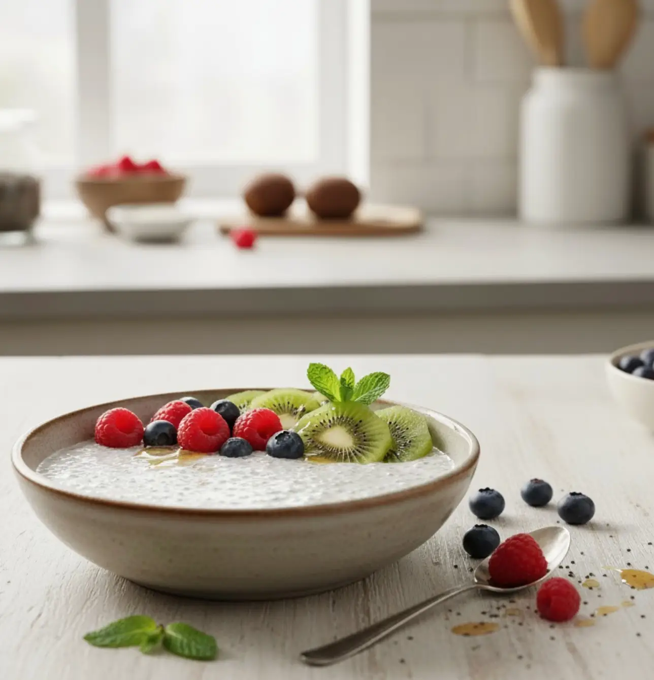 A vibrant Chia Collagen Power Bowl brimming with fresh fruit, served in a light ceramic bowl on a rustic wooden table. The bowl is generously topped with a colorful array of raspberries, blueberries, and sliced kiwi, garnished with fresh mint leaves. A spoonful of mixed berries and a drizzle of honey and chia seeds are artistically scattered next to the bowl, against a softly blurred kitchen background with natural light.