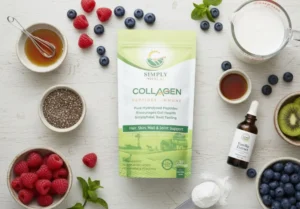 A top-down view of all the components required for a Chia Collagen Power Bowl, with the Simply Halal Collagen Peptides product bag prominently displayed at the center as the hero. Arranged around the bag are small bowls containing chia seeds, fresh raspberries, and blueberries. Other ingredients include a measuring cup of coconut milk, a bowl of sliced kiwi, a small jar of maple syrup with a whisk, a bottle of vanilla extract, and a measuring scoop filled with collagen powder, all laid out on a light-colored wooden surface.