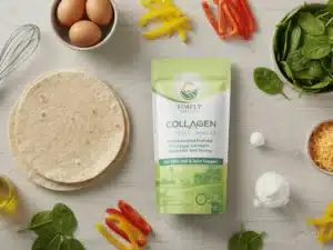 A top-down view showcasing all the ingredients for a High Protein Veggie Scramble Wrap, with the Simply Halal Collagen Peptides product bag positioned centrally as the hero image. Surrounding the bag are bowls of fresh spinach, shredded cheese, and three large eggs. Other ingredients include whole wheat tortillas, sliced red and yellow bell peppers, a small bottle of olive oil, and a measuring scoop of collagen powder, all neatly arranged on a light-colored surface with a whisk nearby.