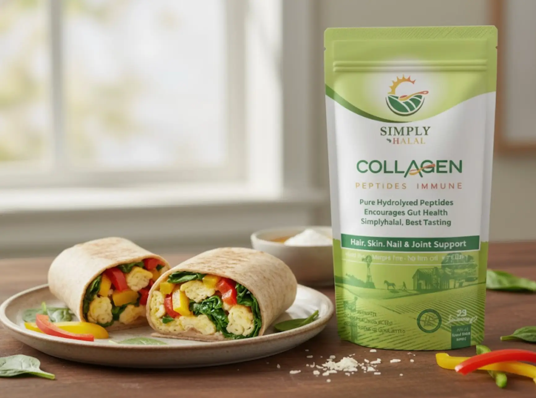A delicious and healthy High Protein Veggie Scramble Wrap cut in half and served on a rustic plate, revealing a colorful filling of scrambled eggs, vibrant bell peppers, and fresh spinach. The Simply Halal Collagen Peptides product bag stands prominently in the background on a wooden counter, next to a small bowl of collagen powder. Loose spinach leaves and chopped bell peppers are scattered around, adding to the fresh appeal of this satisfying meal.