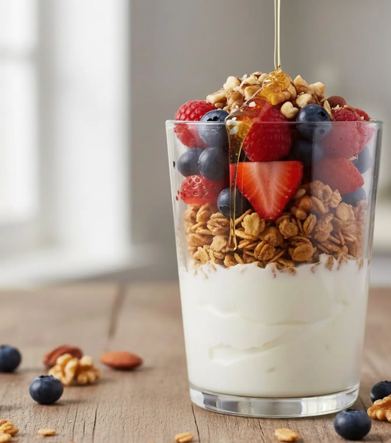 A close-up, eye-level shot of a Greek yogurt collagen parfait in a clear glass. The parfait is layered with creamy white Greek yogurt at the bottom, followed by golden granola, and topped generously with fresh mixed berries, including whole blueberries, raspberries, and sliced strawberries. A stream of golden honey is drizzling over the berries and nuts on top. Scattered around the base of the glass are additional blueberries, walnuts, and almonds, creating a rustic, inviting scene. The background is softly blurred with a hint of natural light from a window, emphasizing the fresh, healthy appeal of the dish, highlighting the benefits of collagen in Greek yogurt.