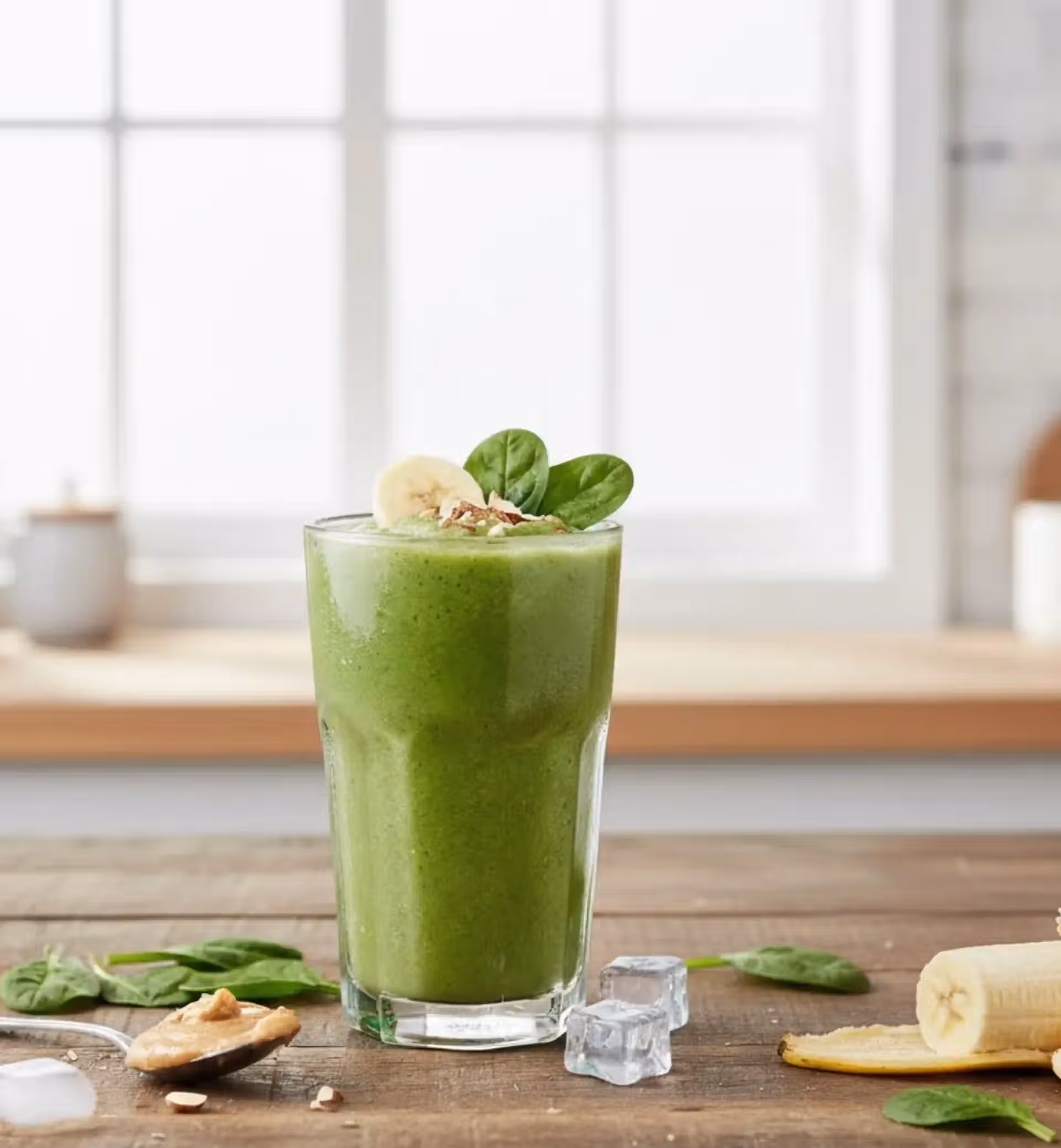 A vibrant Green Collagen Smoothie in a tall glass, garnished with banana slices and fresh spinach leaves, sits on a rustic wooden table. The Simply Halal Collagen Peptides product bag is prominently featured next to the glass. Scattered around are loose spinach leaves, almond butter on a spoon, ice cubes, and a peeled banana, all set against a softly blurred kitchen background with a bright window.