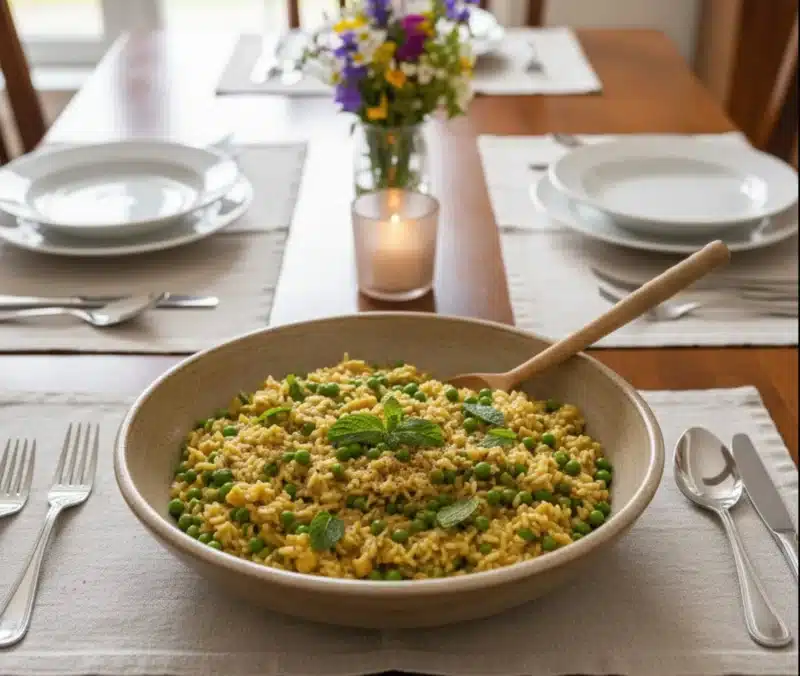A top-down view of creamy Beef Broth Pea Risotto served in a white bowl on a nicely set dining table, garnished with fresh mint and grated Parmesan cheese, highlighting a gourmet, protein-boosted comfort meal.