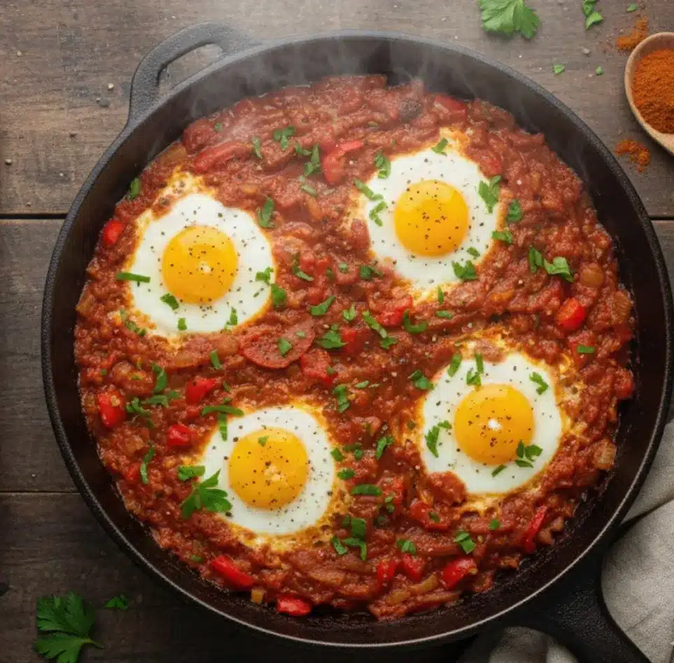 A top-down view of a steaming skillet of vibrant Halal Beef Broth Shakshuka. Four eggs are perfectly nestled in the rich tomato, bell pepper, and cumin sauce, garnished with fresh parsley, highlighting this protein-rich and savory meal.