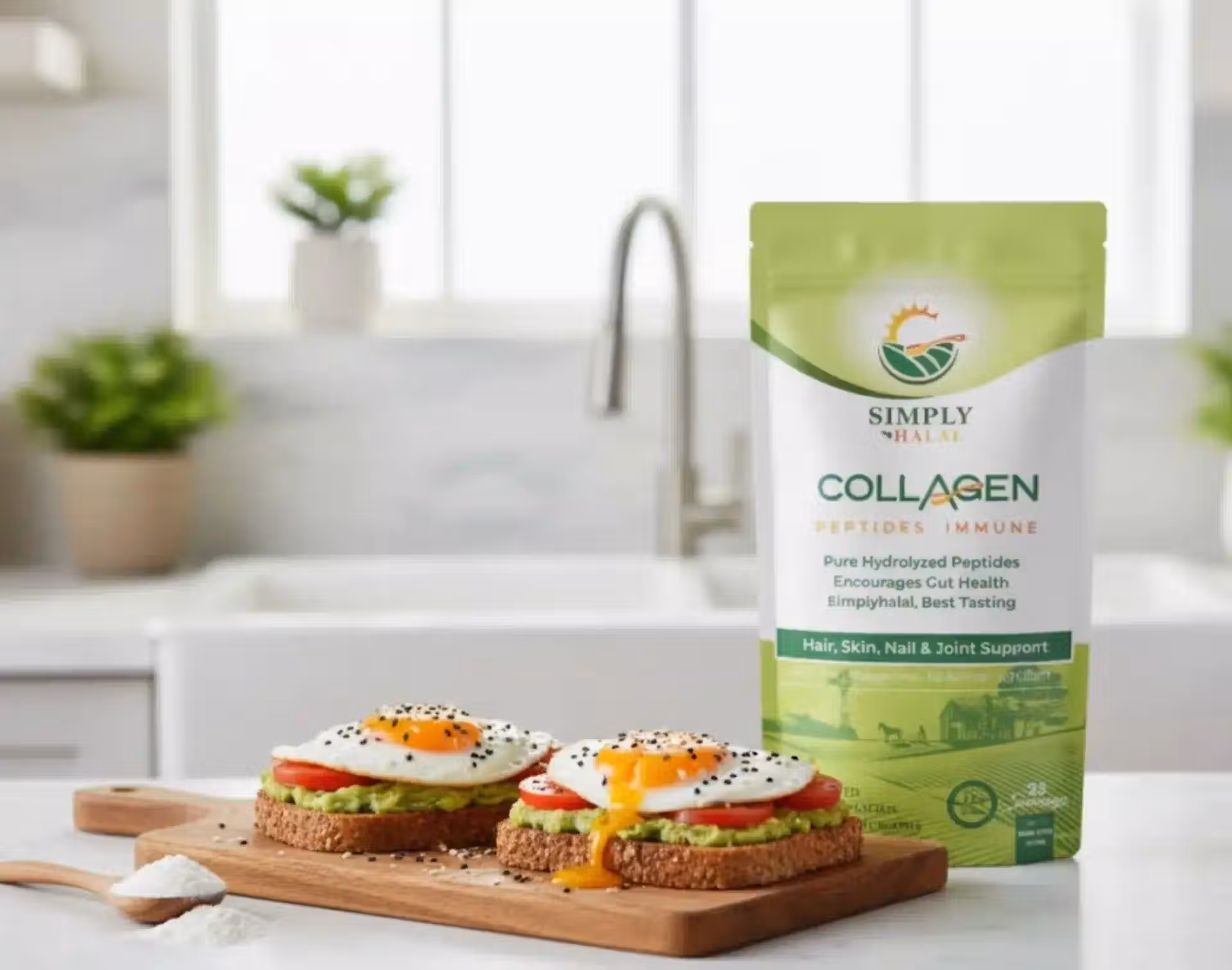 Two slices of realistic Avocado Toast Supreme on whole-grain bread, topped with creamy mashed avocado, sliced red tomatoes, and perfectly fried eggs with runny yolks, garnished with everything bagel seasoning. The Simply Halal Collagen product bag is prominently featured next to the toast on a wooden cutting board in a bright kitchen.