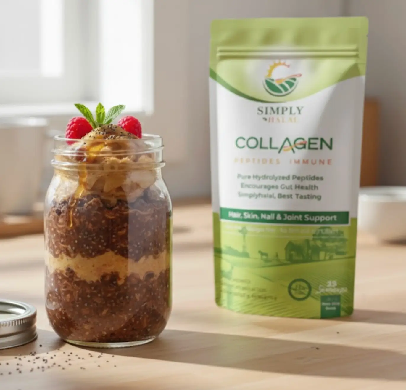 Overnight Chocolate Collagen Oats served in a clear glass jar on a wooden counter next to the Simply Halal Collagen Peptides product bag. The oats are layered with a swirl of peanut butter and topped with fresh raspberries, a sprig of mint, and a drizzle of syrup. The open jar lid is to the left, and bowls are blurred in the background, suggesting a bright morning setting.