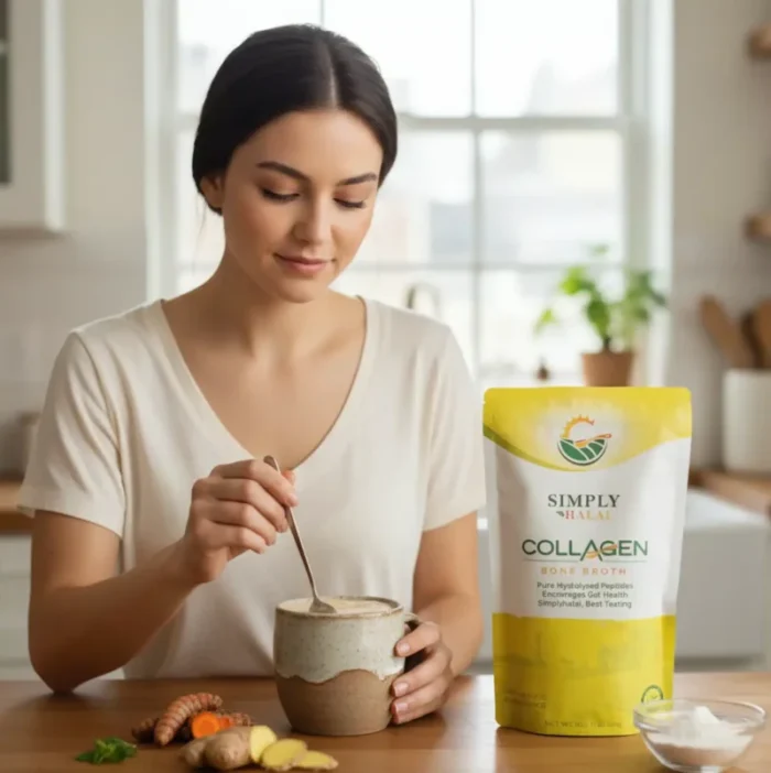Simply Halal halal collagen broth benefits powder in a yellow bag — ISA certified grass-fed bovine collagen and bone broth combined