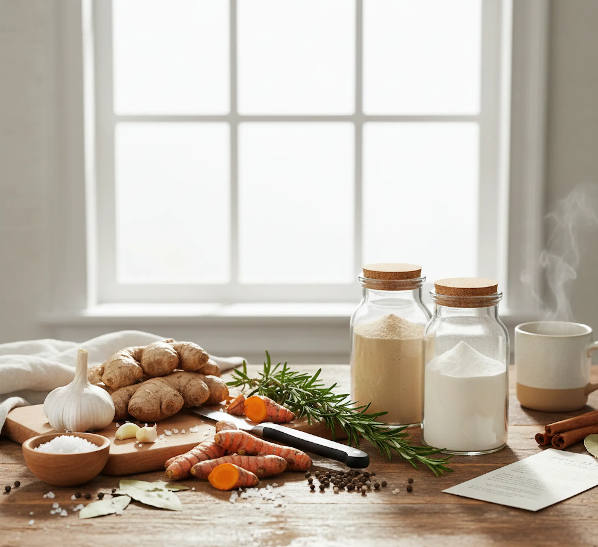 Natural whole food ingredients like ginger, turmeric, and garlic laid out on a rustic wooden table to represent the clean-label alternative to the inflammatory side effects of maltodextrin fillers.