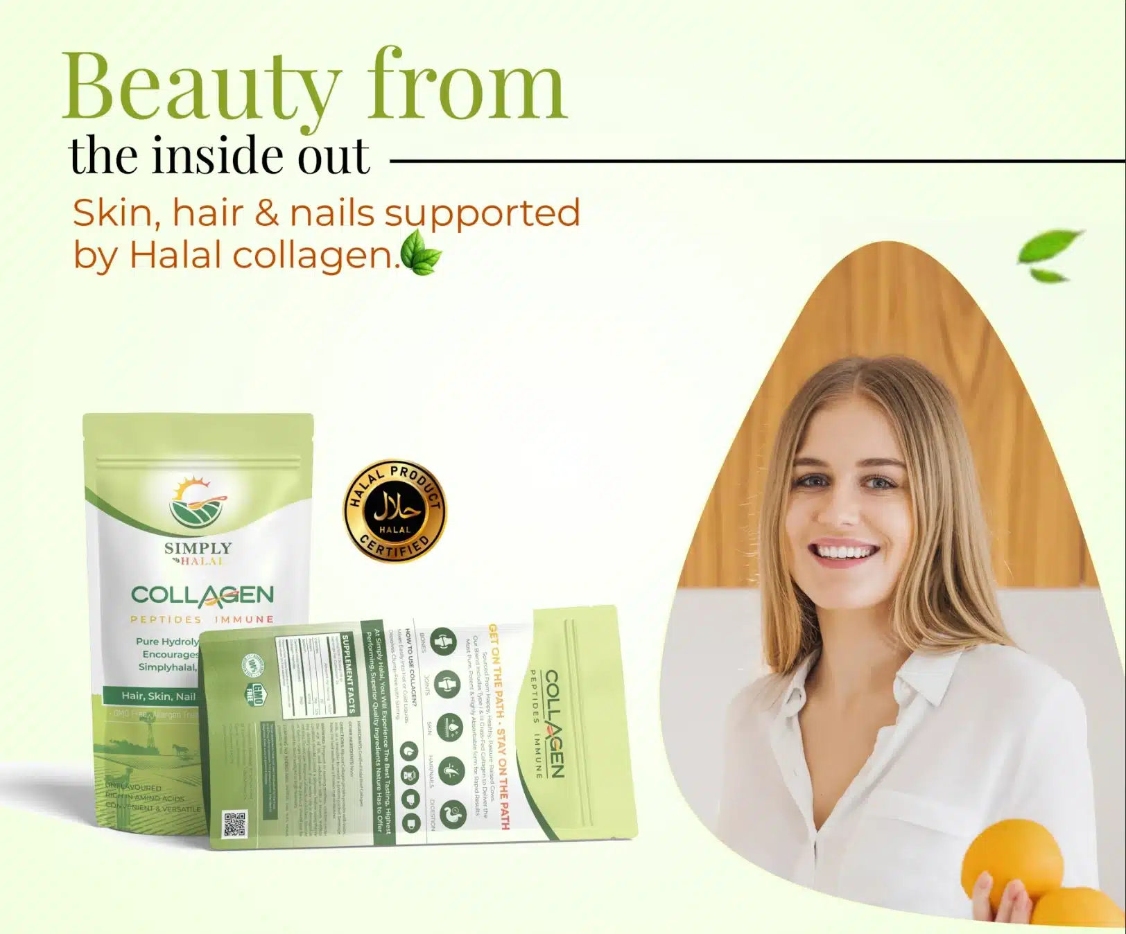 A smiling woman holding oranges next to a package of Simply Wellaney Halal Collagen Bovine Powder, highlighting benefits for skin, hair, and nails with a Halal certified seal.