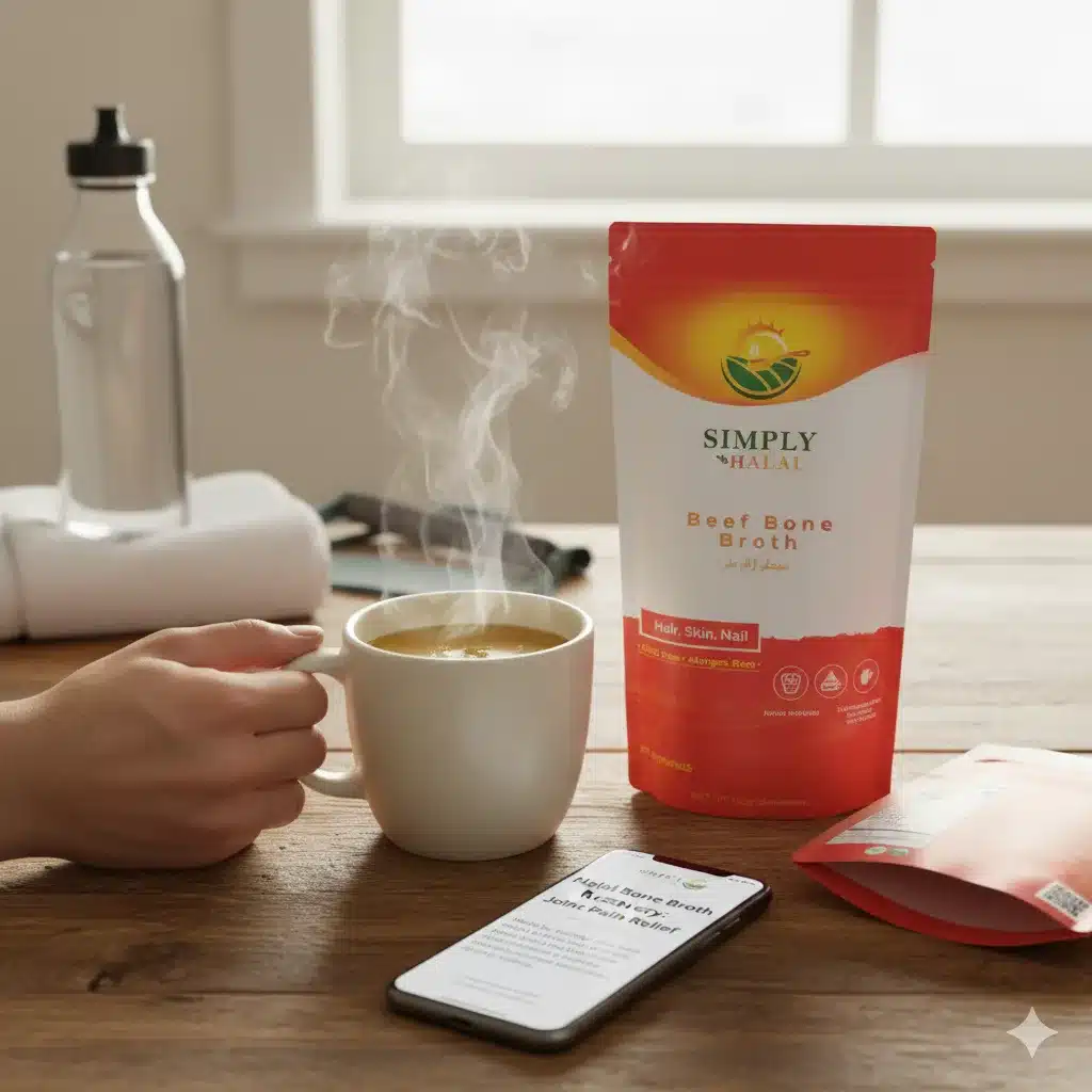 Steaming mug of the best halal bone broth for joint pain from Simply Halal grass-fed beef bones