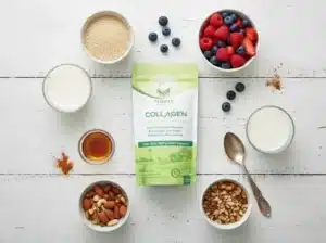 A top-down shot of a rustic surface showcasing the ingredients for a Breakfast Collagen Quinoa Bowl. At the center is a white and green "Simply Halal Unflavored Collagen" product bag, positioned as the main focus. Surrounding the bag are the recipe components, artfully arranged: a bowl of cooked quinoa, a small bowl of fresh mixed berries, a handful of chopped nuts (walnuts and pecans), and small pools of maple syrup and cinnamon. The setup emphasizes the natural, healthy components of the breakfast and highlights the addition of collagen for a high-protein start to the day.