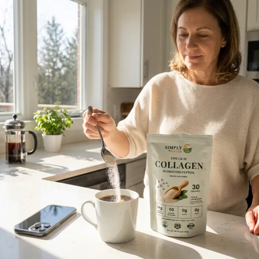 Simply Halal Collagen Peptides bag next to a mug of coffee, 14g protein per scoop