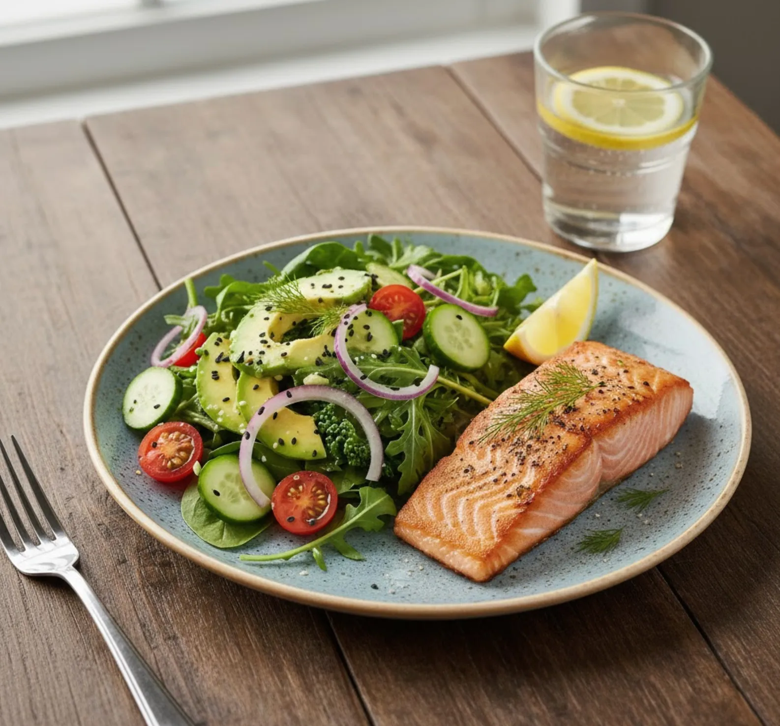 A realistic top-down view of a healthy meal featuring a seared salmon fillet served with a fresh avocado and arugula salad, accompanied by a glass of lemon water and a silver fork on a rustic wooden table for benefits of protein