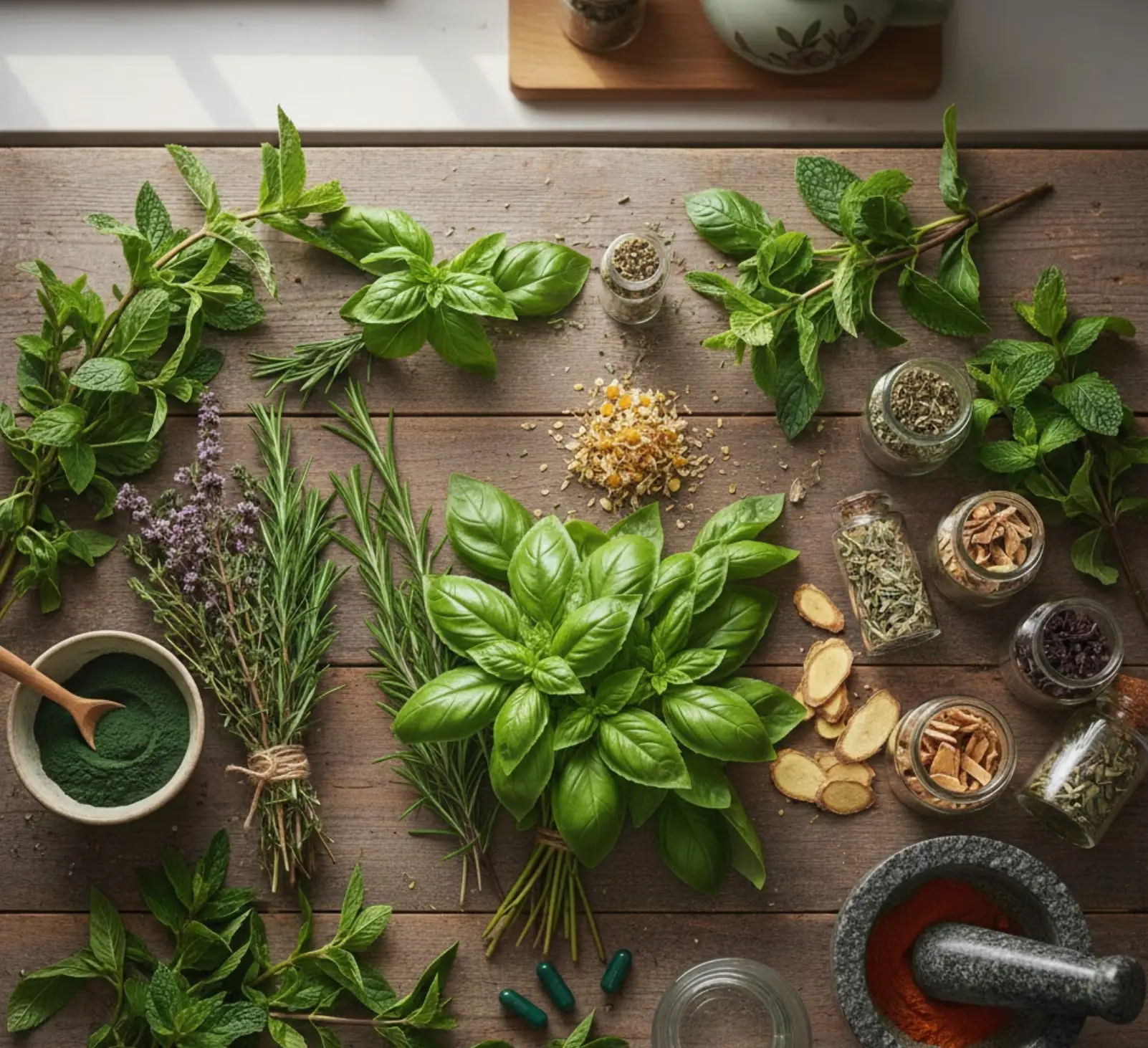A top-down rustic wooden tabletop display featuring a variety of fresh and dried healing herbs for gut health, including bundles of fresh basil and rosemary, jars of dried botanicals, a stone mortar and pestle with spices, and a small bowl of green spirulina powder