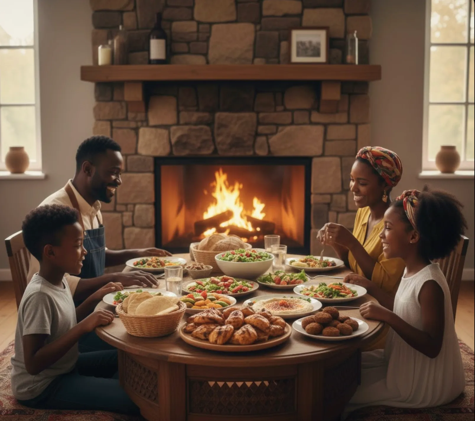 A happy family enjoying a nutritious Middle Eastern meal together in a cozy dining room with a warm fireplace, promoting a calm nervous system and healthy digestion.