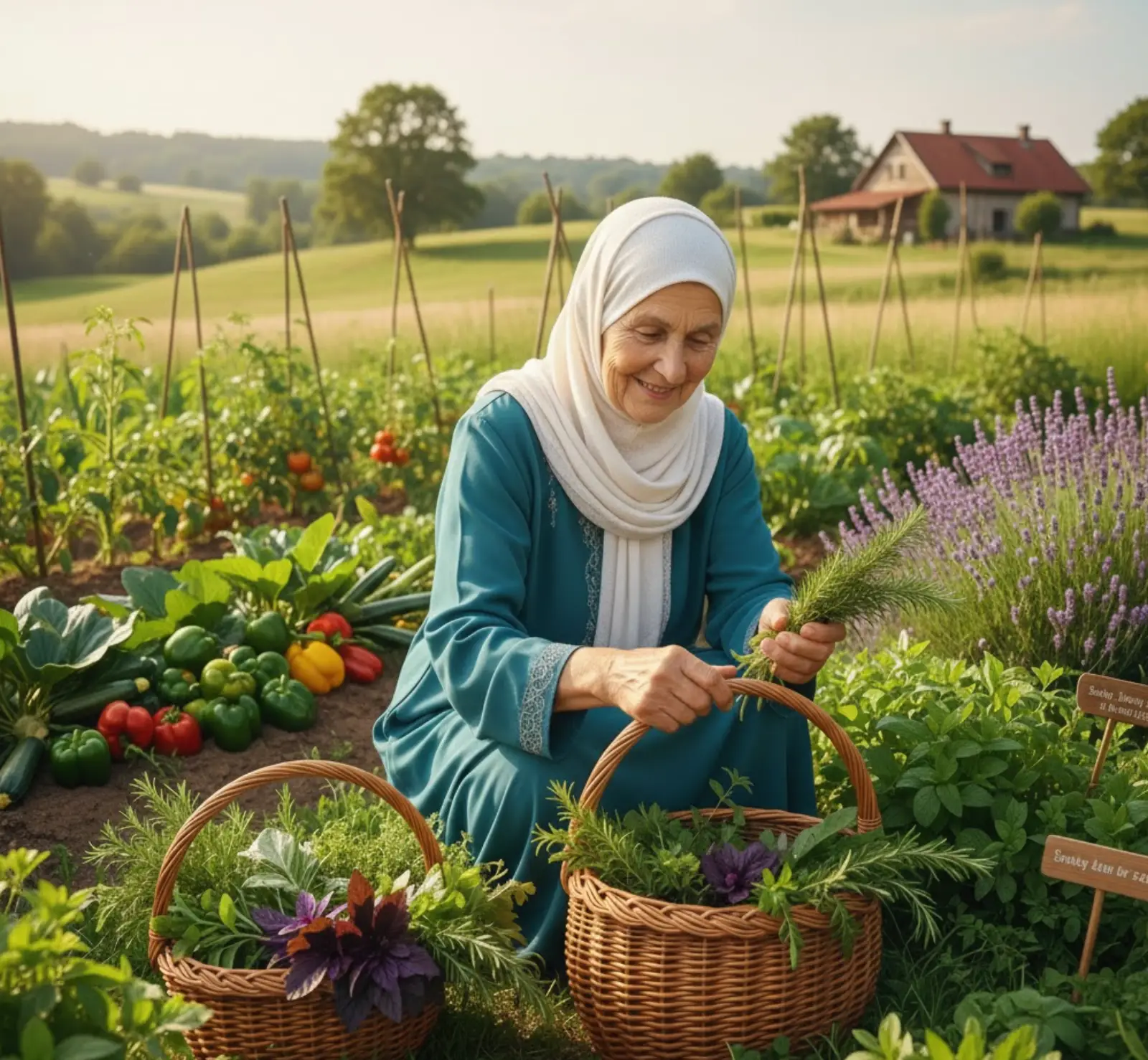 A realistic, high-quality photo of an elderly Muslim woman in a hijab harvesting fresh rosemary and mint in her lush backyard vegetable garden, illustrating the natural lifestyle and the benefit-of-herbs-and-collagen-synergy for healthy aging.