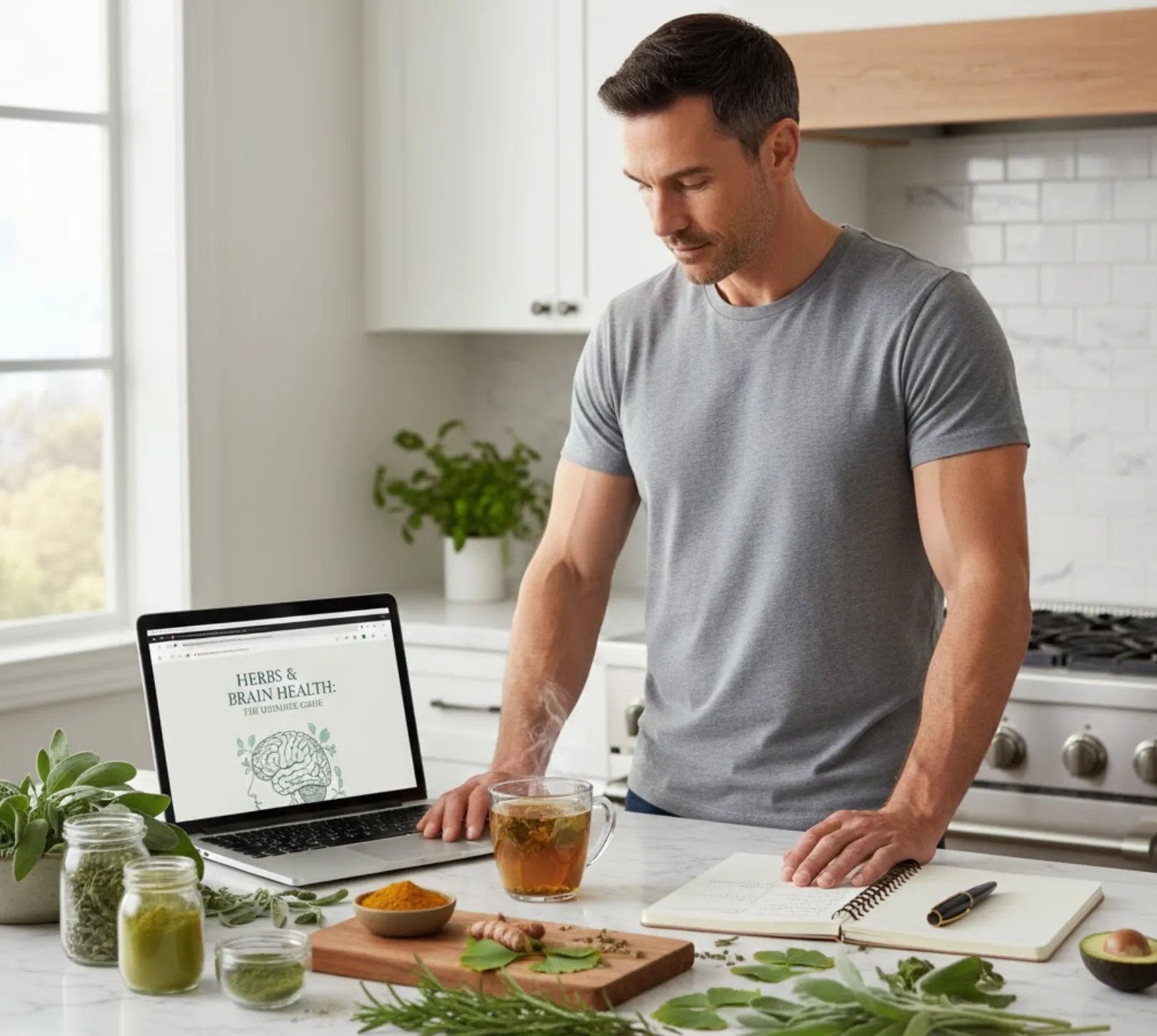 A physically fit man researching natural cognitive supplements on his laptop in a bright kitchen, following an herbs-and-brain-health-guide while taking notes in a notebook surrounded by fresh rosemary, sage, and turmeric root.