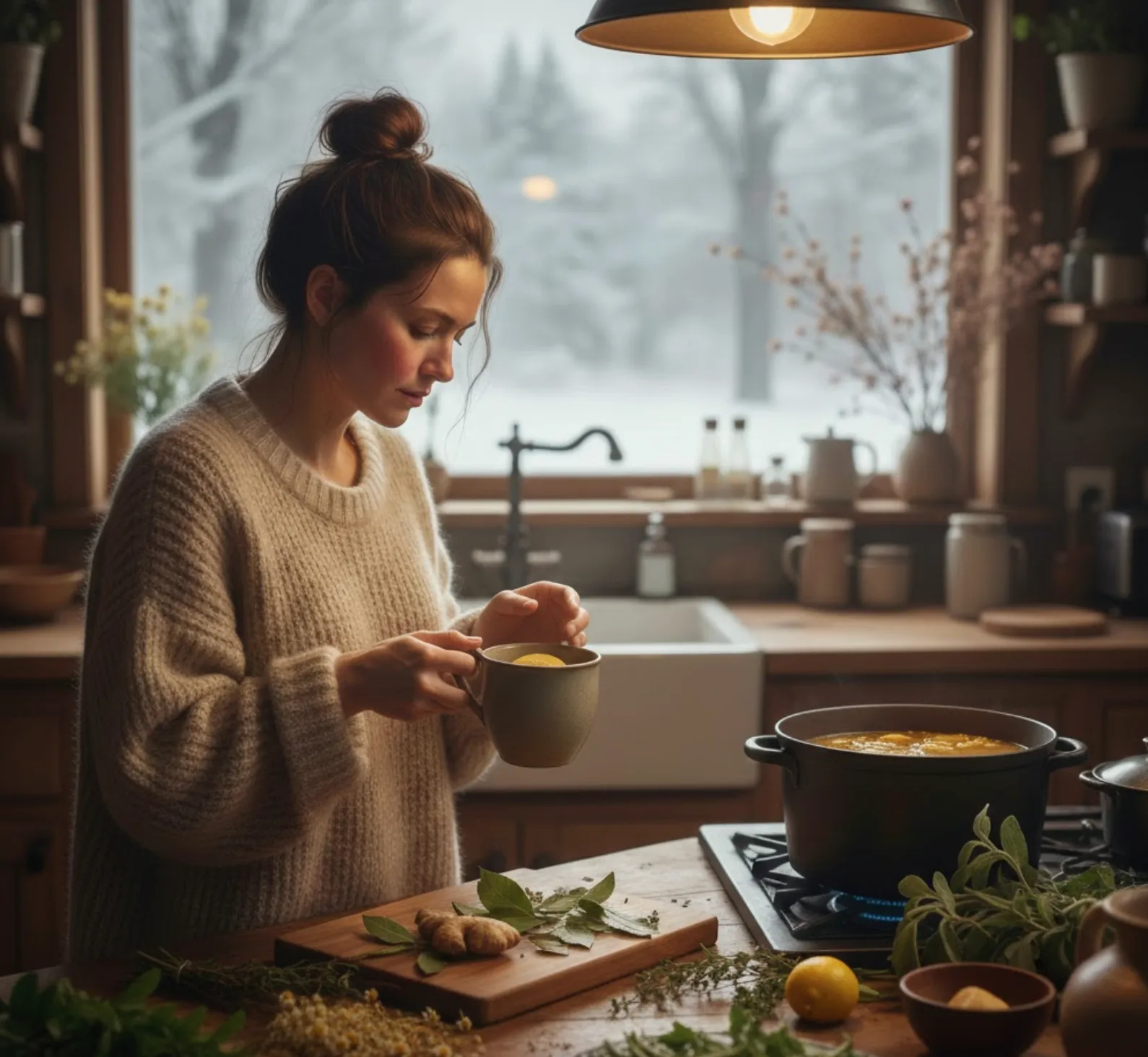 A woman with the flu wearing a cozy sweater in a winter kitchen, holding a warm mug of bone broth and herbs as part of an herbs-and-cold-and-flu-defense-guide, with fresh ginger, lemon, and sage on the counter.