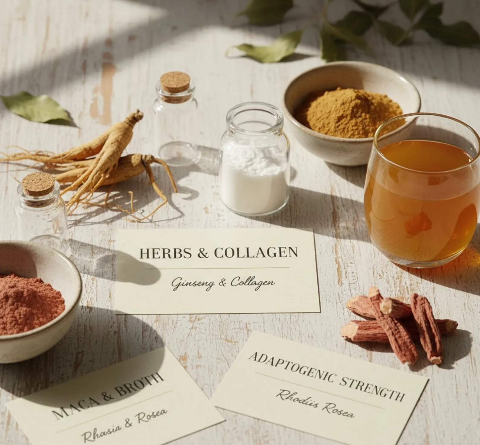 Here is the optimized alt text for your herbs and energy display: "A bright, clinical-style display of adaptogenic supplements including Ginseng root, Collagen powder, Maca root, and Rhodiola Rosea, alongside a glass of bone broth, serving as a visual herbs-and-energy-vitality-guide for natural wellness.