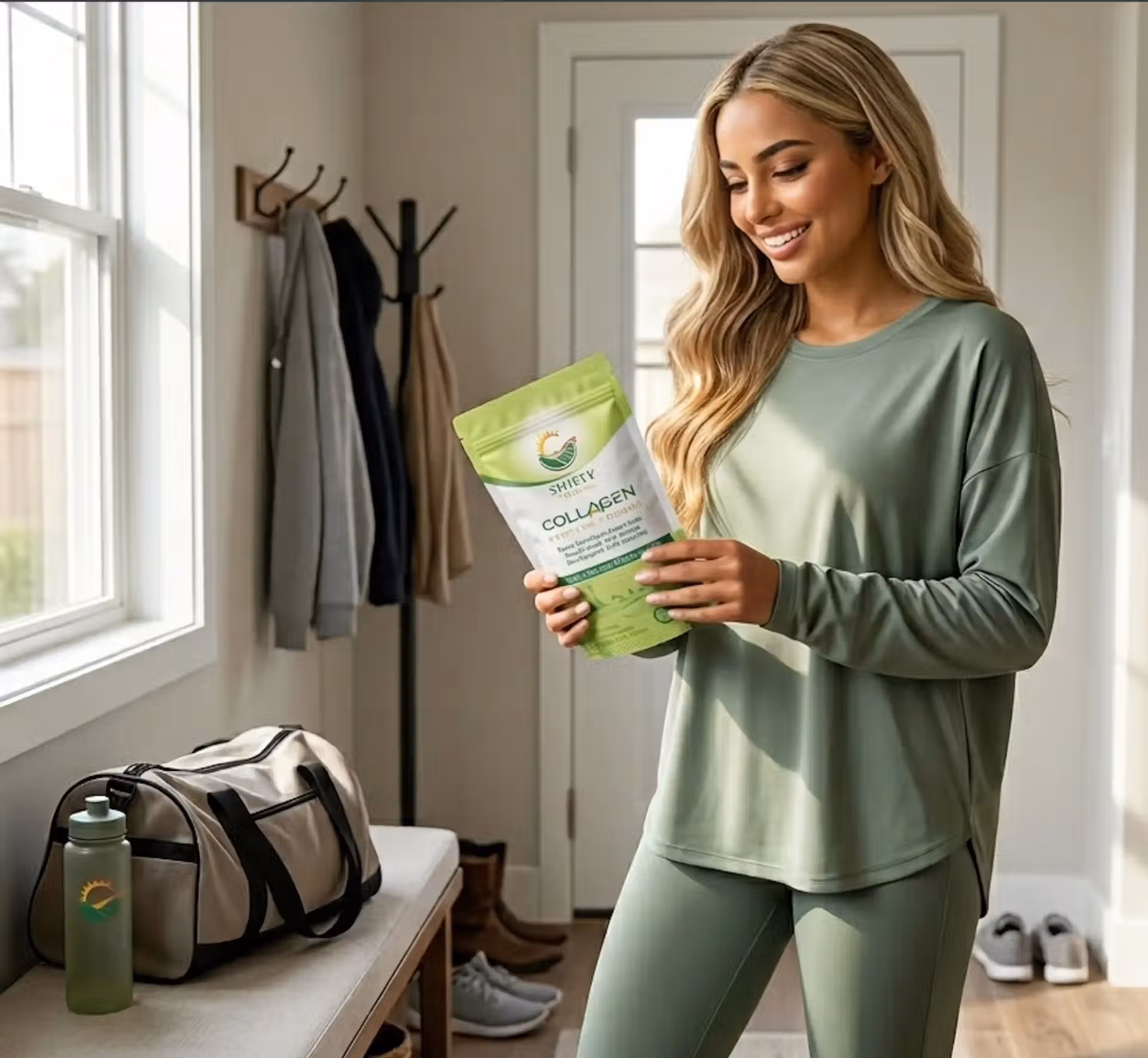Woman with healthy glowing skin and strong hair representing the results of halal collagen for hair skin and nails
