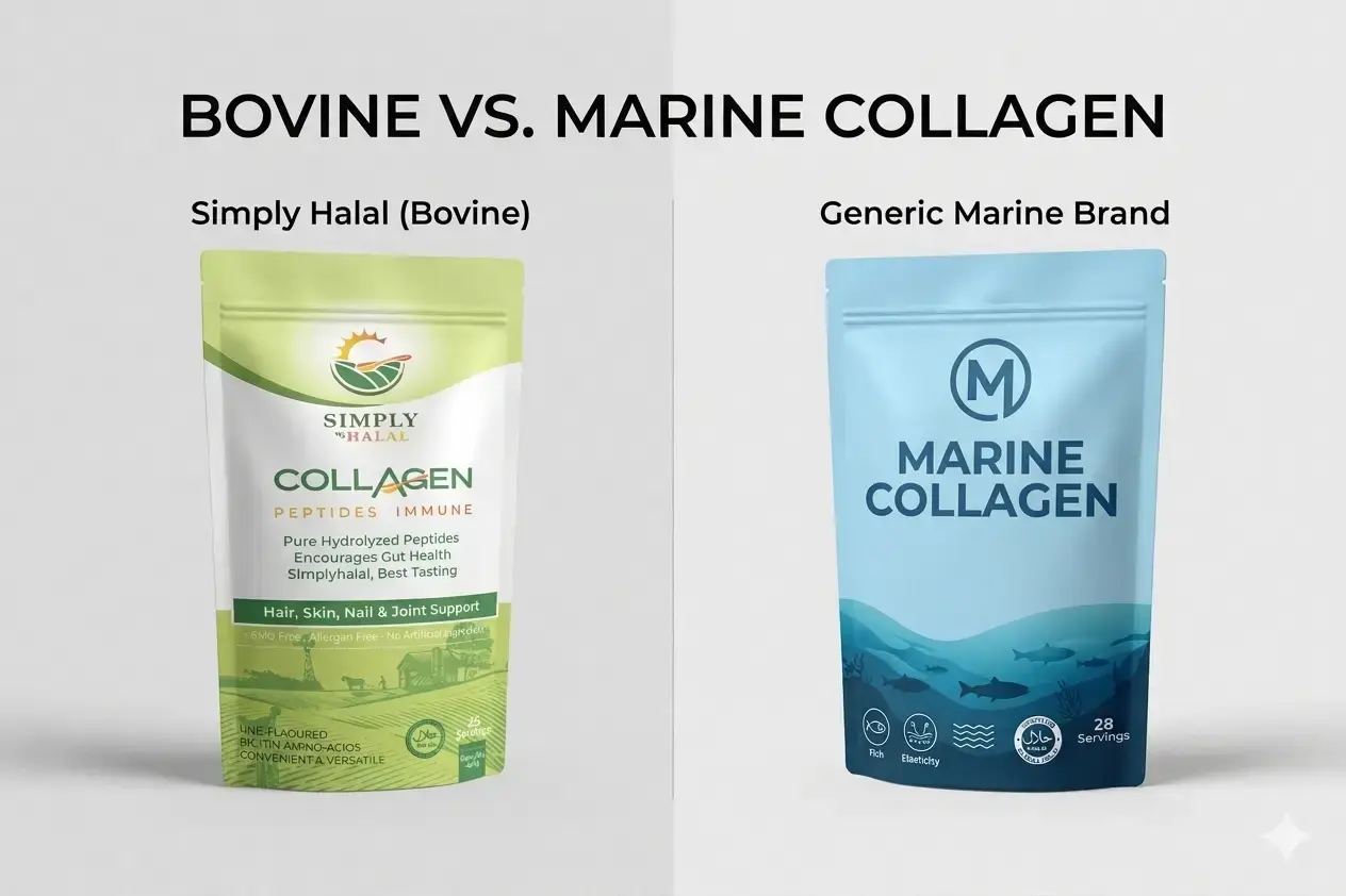 Side by side comparison of bovine vs marine collagen sources showing grass-fed beef bones and fish scales