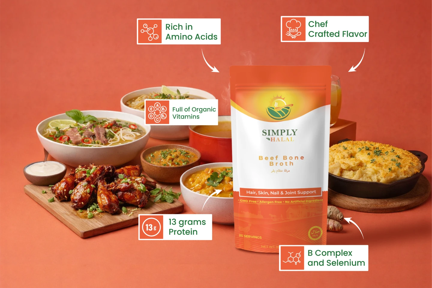 Simply Halal halal beef bone broth powder — 13 grams protein per serving, 25 servings, chef crafted flavor, rich in amino acids glycine proline arginine, full of organic vitamins A B C D E, B complex and selenium. Hair skin nail and joint support. GMO free, allergen free, no artificial ingredients. 100% halal certified. Shown used in pho soup, curry, chicken wings, casserole — versatile halal cooking.