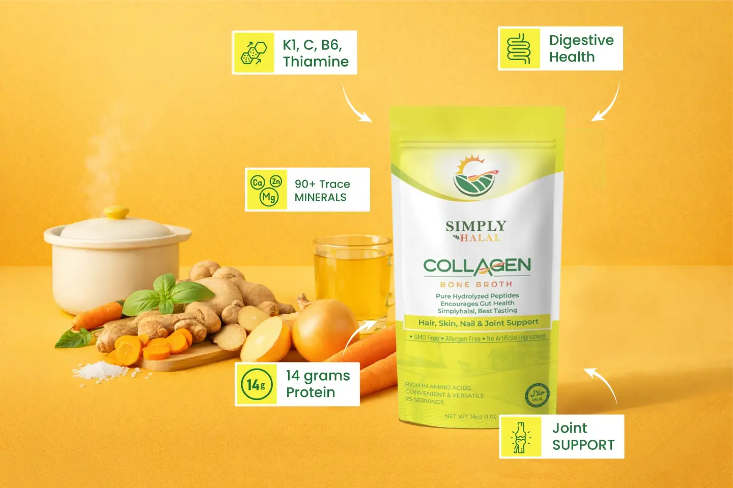 Simply Halal halal collagen bone broth powder 14 grams protein per serving, 25 servings, 16oz 1lb bag. Contains K1 C B6 thiamine vitamins, 90 plus trace minerals calcium zinc magnesium, digestive health, joint support. Pure hydrolyzed peptides, encourages gut health, best tasting halal collagen. Hair skin nail and joint support. GMO free, allergen free, no artificial ingredients. Rich in amino acids, convenient and versatile. Shown with ginger turmeric carrots onion natural ingredients.